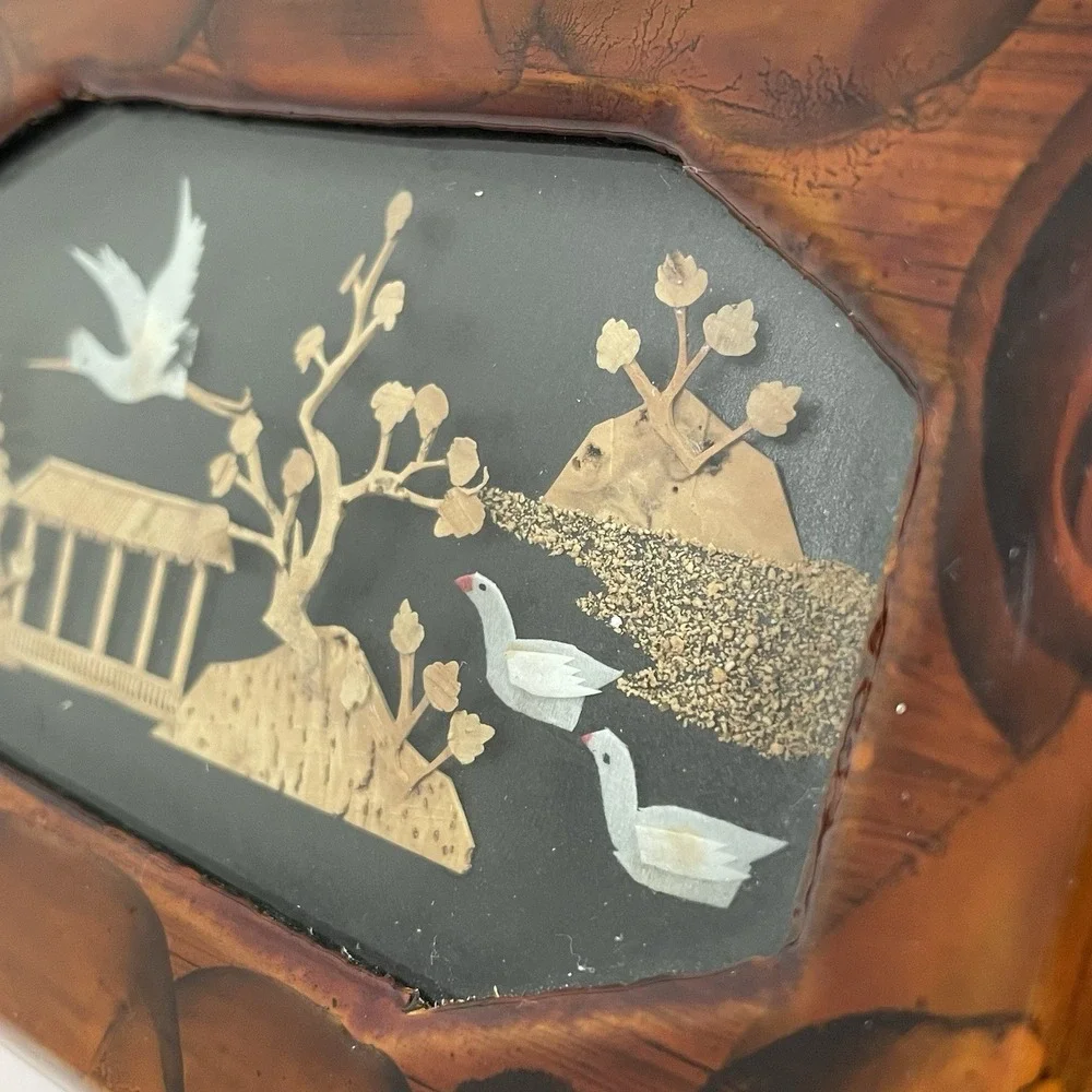 VTG Carved Crane Glazed Wooden Jewelry Trinket Box Red Lining Republic of China